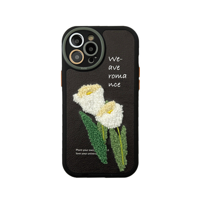 Vit tulpanbroderi för iPhone 14 13 promax Apple-telefonskal 11 silikonskyddsfodral
