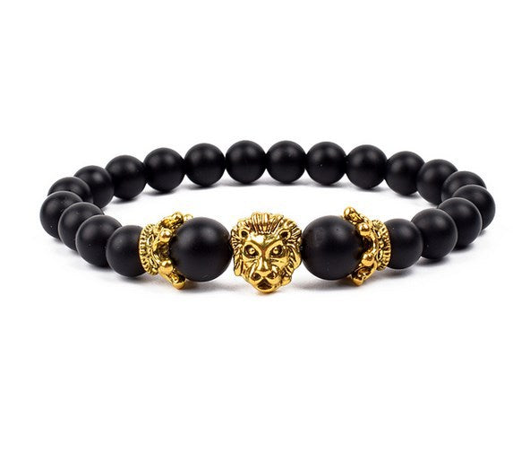 Antique Silver Lion-Head Agate Buddha Bead Bracelet