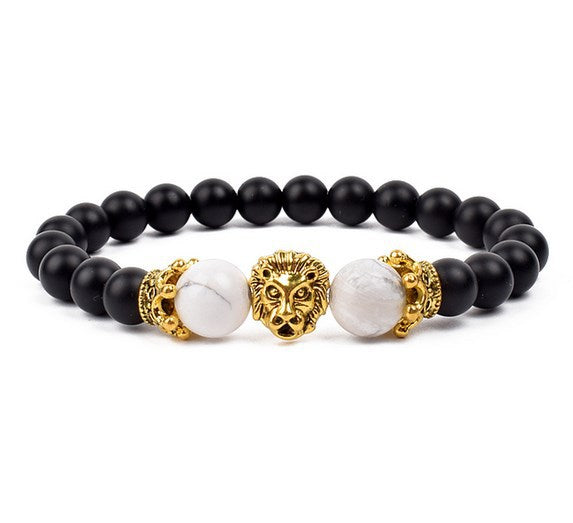 Antique Silver Lion-Head Agate Buddha Bead Bracelet