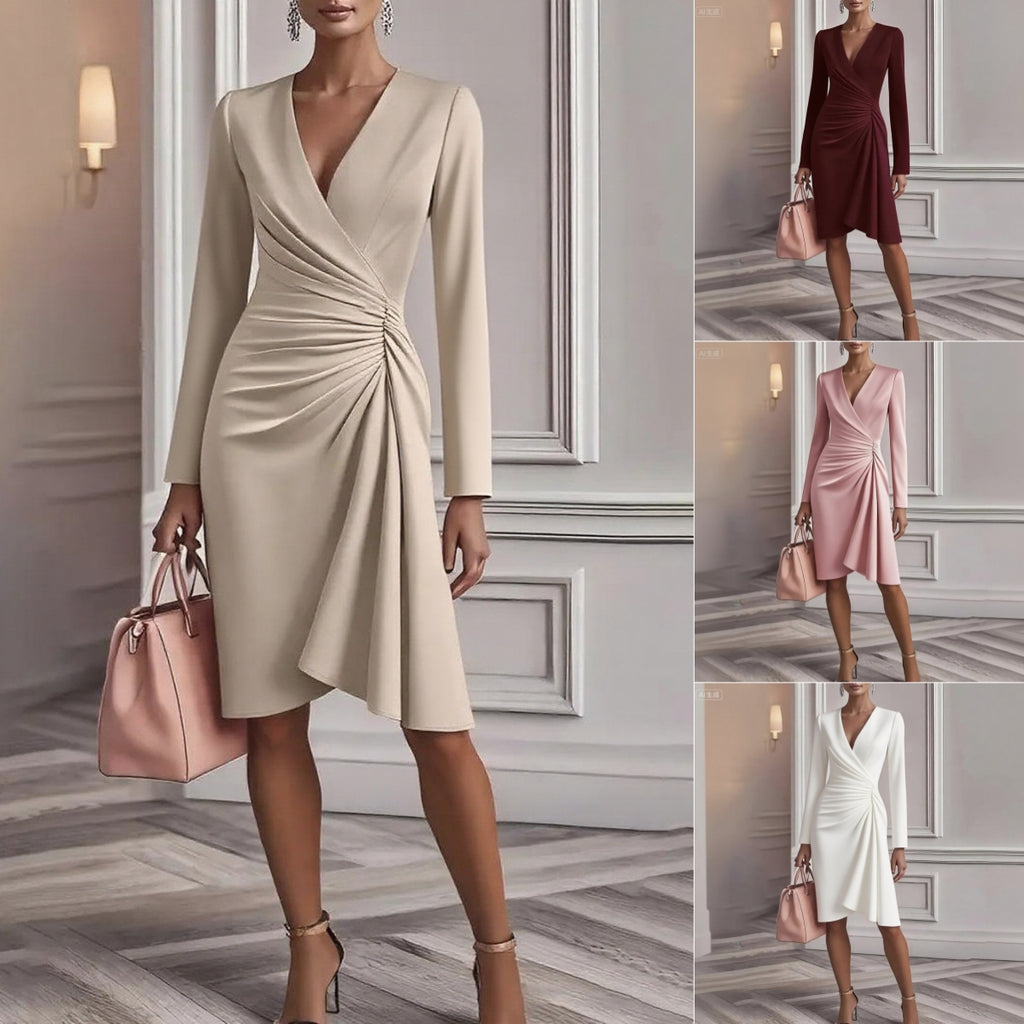 V Neck Folds Solid Color Slim-fit Long Sleeve V-pleated Design Dress Women's Office Commuter A-line Midi Party Dresses Female Clothing