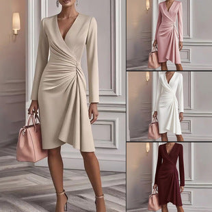 V Neck Folds Solid Color Slim-fit Long Sleeve V-pleated Design Dress Women's Office Commuter A-line Midi Party Dresses Female Clothing