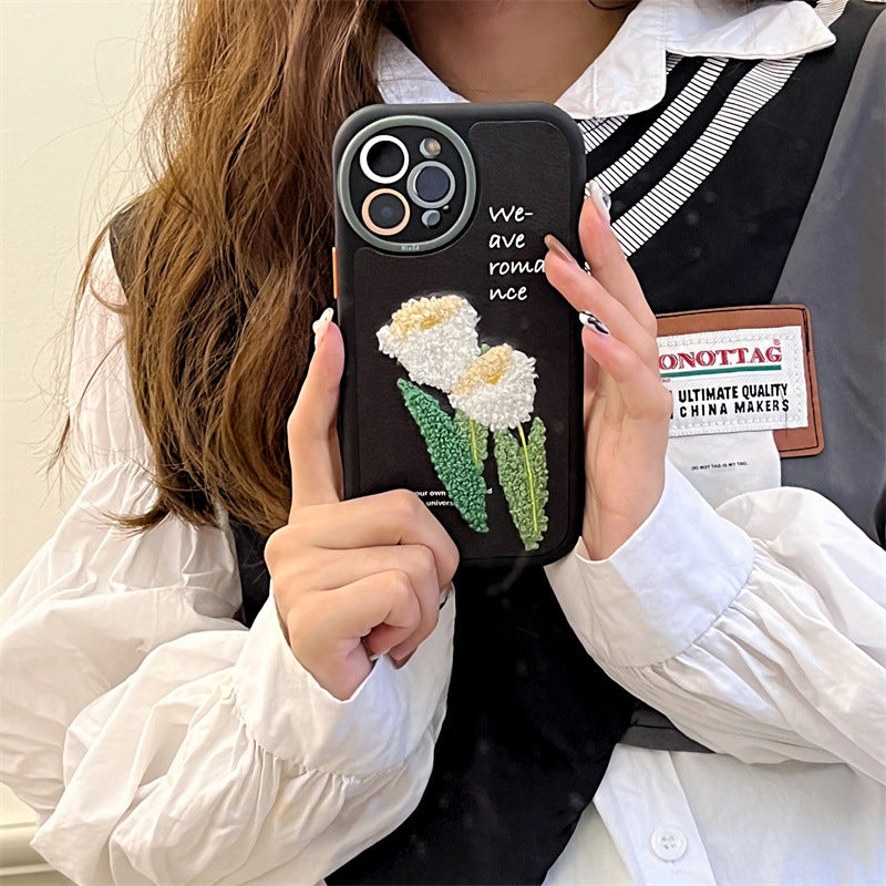 Vit tulpanbroderi för iPhone 14 13 promax Apple-telefonskal 11 silikonskyddsfodral