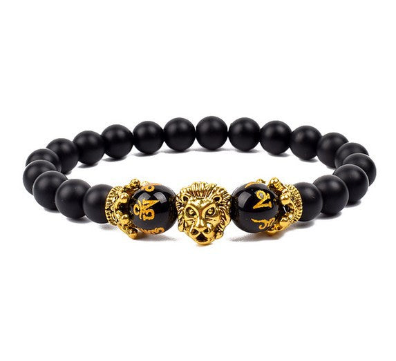 Antique Silver Lion-Head Agate Buddha Bead Bracelet