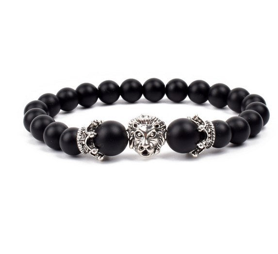 Antique Silver Lion-Head Agate Buddha Bead Bracelet