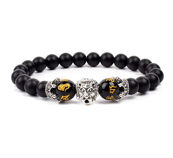 Antique Silver Lion-Head Agate Buddha Bead Bracelet