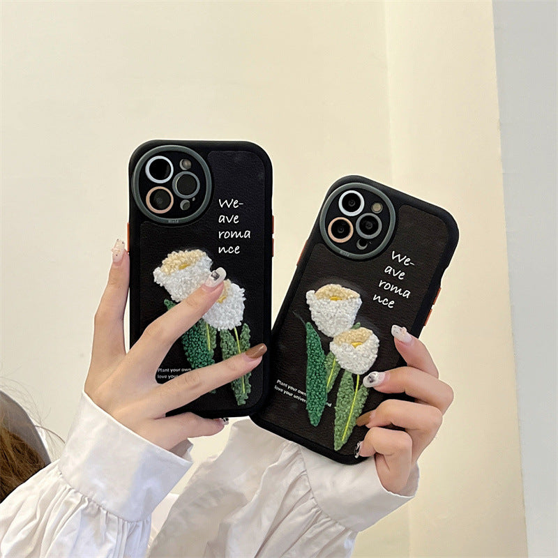 White Tulip Embroidery For IPhone1413promax Apple Phone Case11 Silicone Protective Sleeve