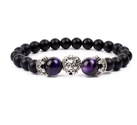 Antique Silver Lion-Head Agate Buddha Bead Bracelet