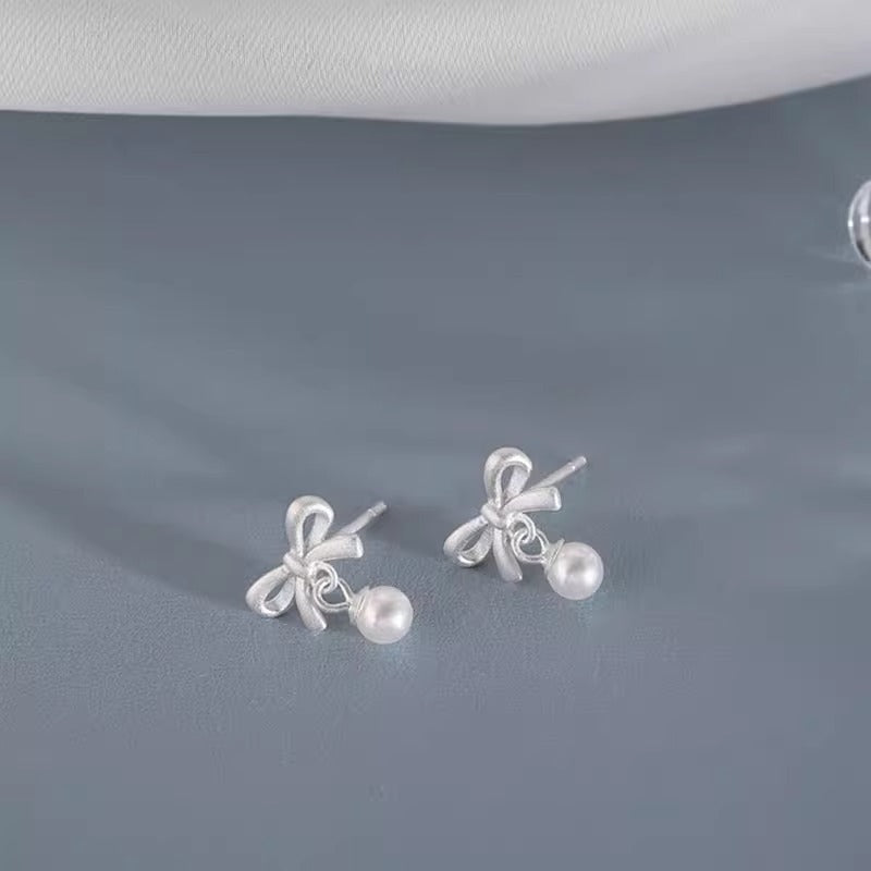 Bow-knot Faux Pearl Pendant Stud Earrings For Women