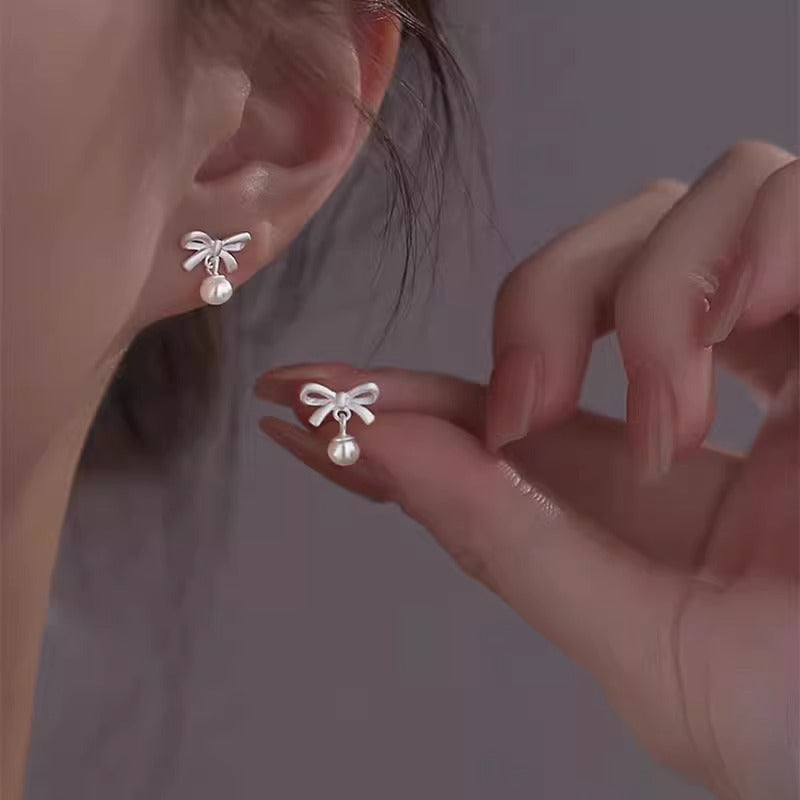Bow-knot Faux Pearl Pendant Stud Earrings For Women