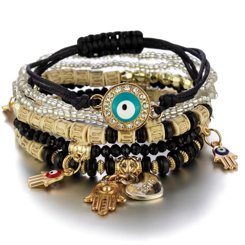 Devil's Eye Palm Love Pendant Multi Layer Elastic Rope Bracelet