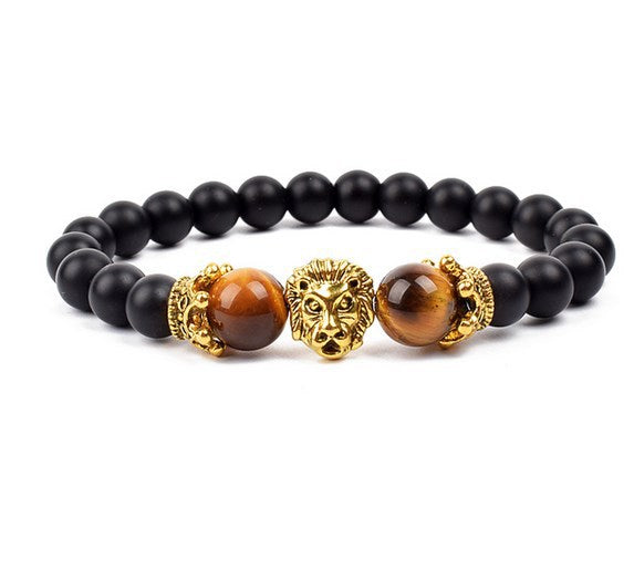 Antique Silver Lion-Head Agate Buddha Bead Bracelet