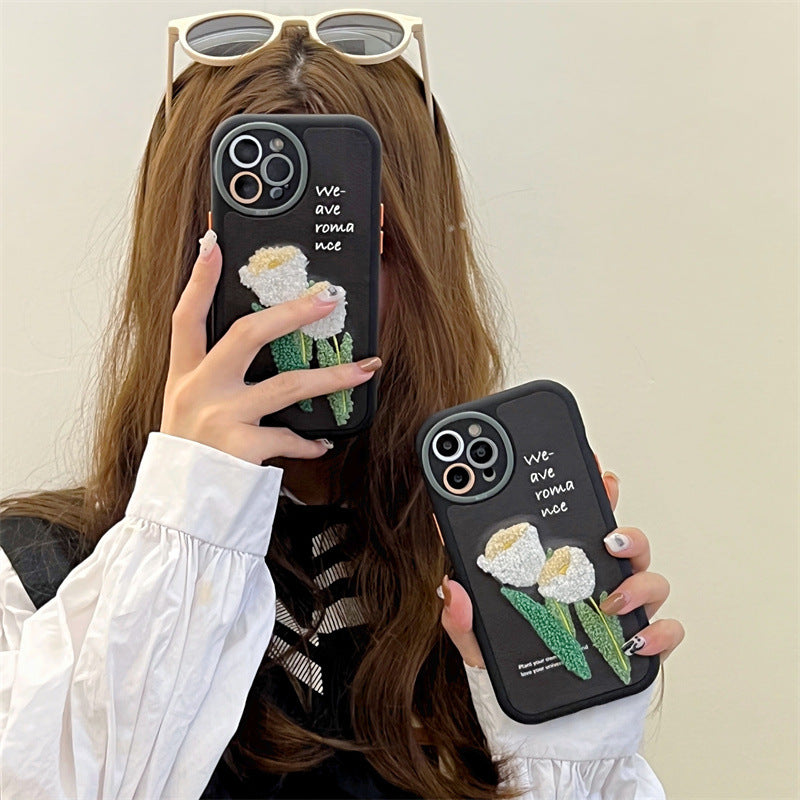 White Tulip Embroidery For IPhone1413promax Apple Phone Case11 Silicone Protective Sleeve
