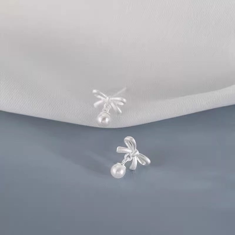 Bow-knot Faux Pearl Pendant Stud Earrings For Women