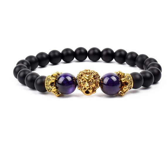 Antique Silver Lion-Head Agate Buddha Bead Bracelet