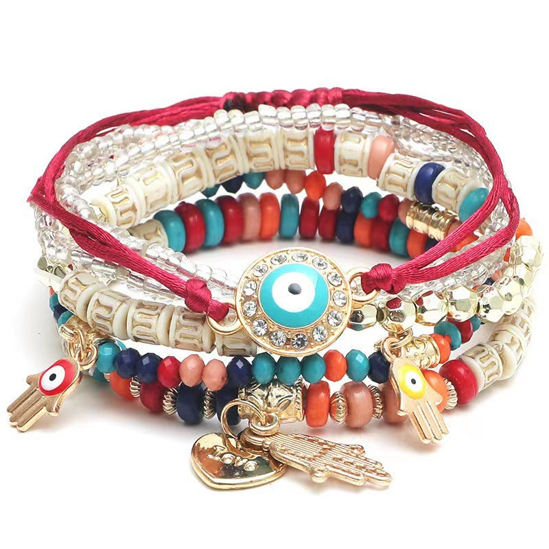 Devil's Eye Palm Love Pendant Multi Layer Elastic Rope Bracelet