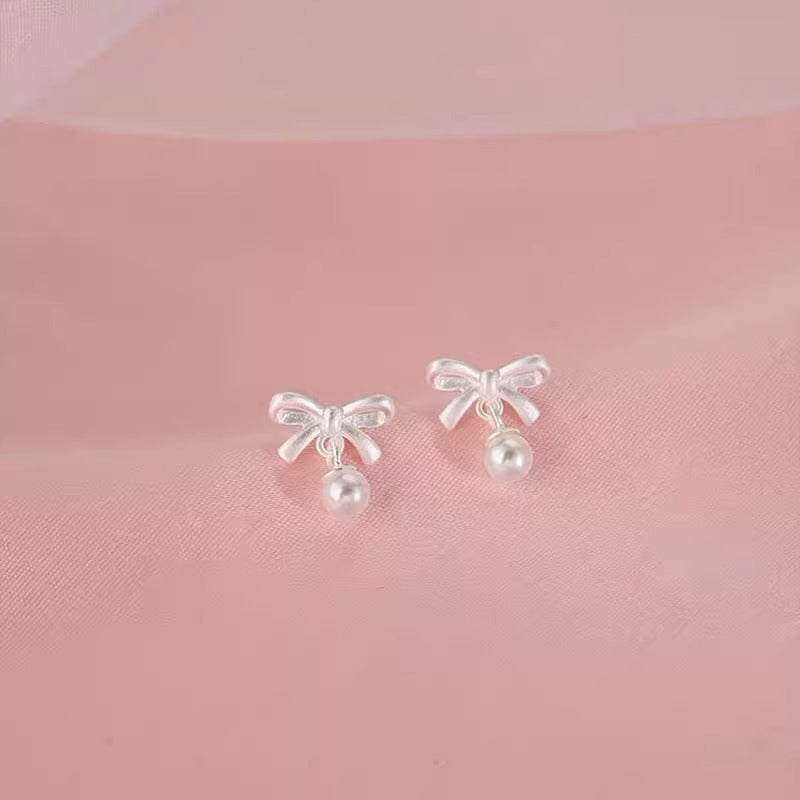 Bow-knot Faux Pearl Pendant Stud Earrings For Women