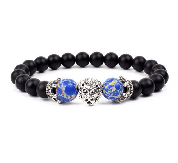 Antique Silver Lion-Head Agate Buddha Bead Bracelet