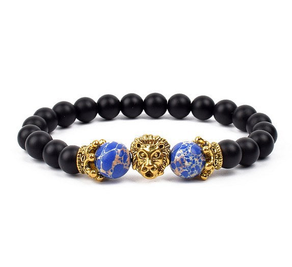 Antique Silver Lion-Head Agate Buddha Bead Bracelet