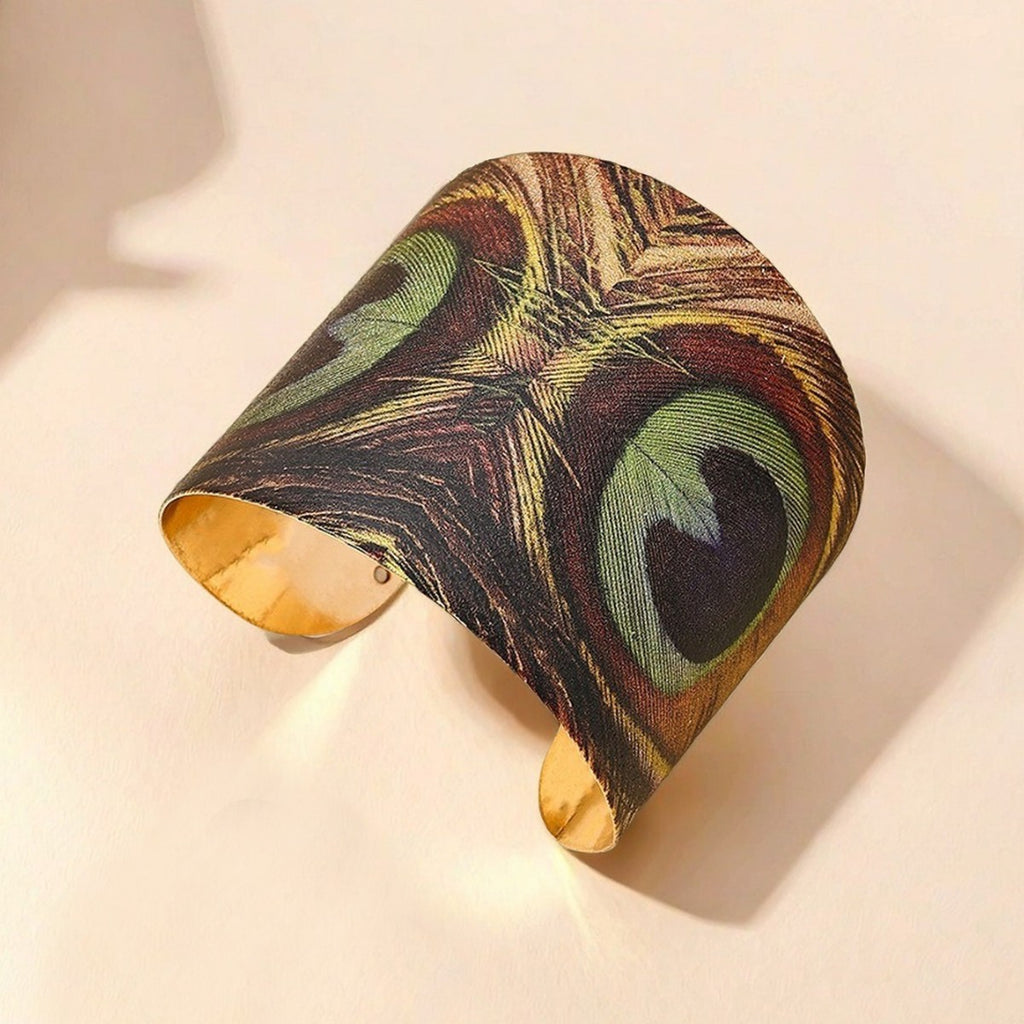 Peacock Feather Printed Adjustable Open Bracelet