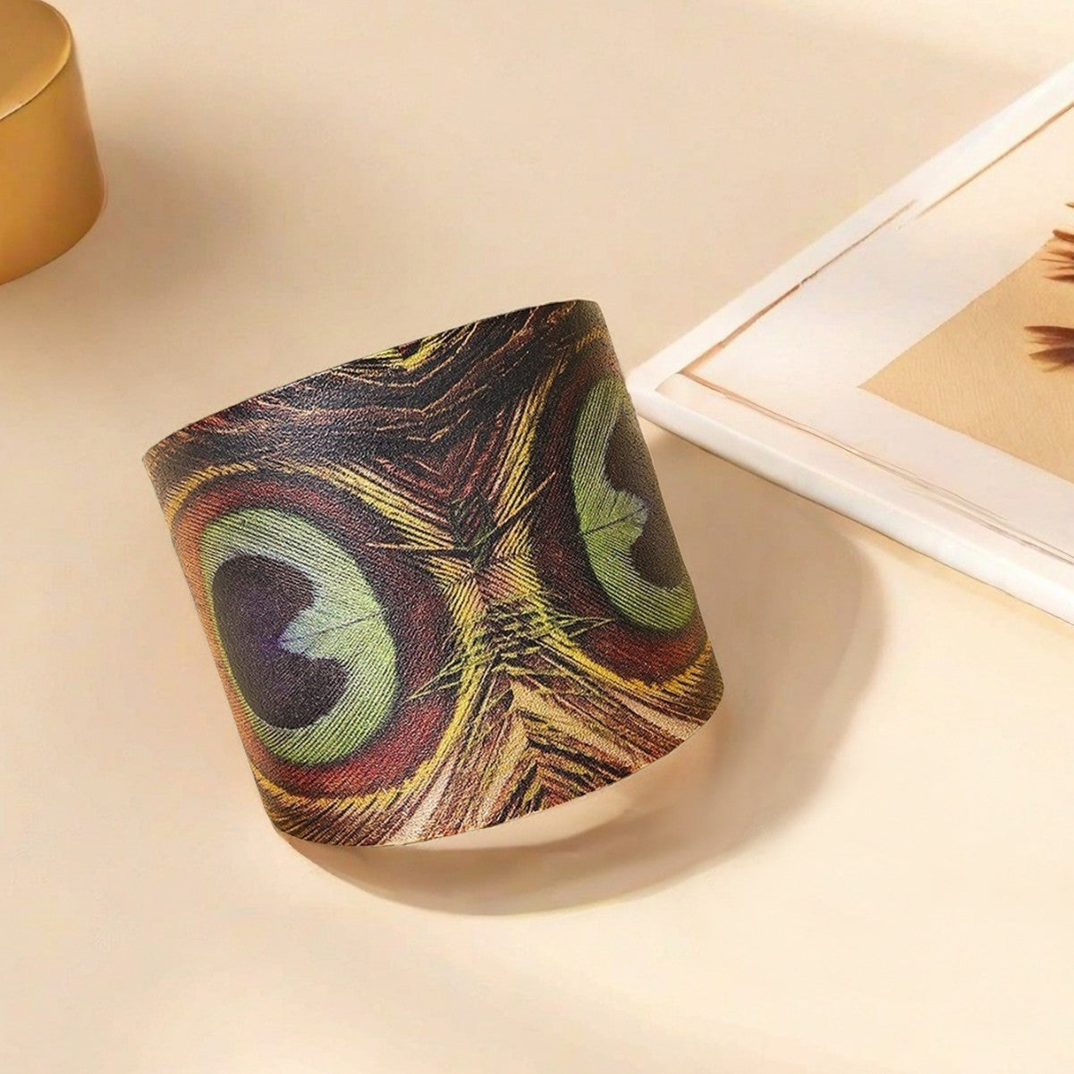 Peacock Feather Printed Adjustable Open Bracelet