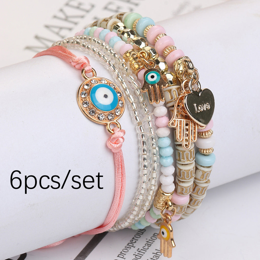 Devil's Eye Palm Love Pendant Multi Layer Elastic Rope Bracelet