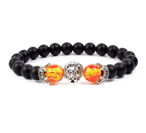 Antique Silver Lion-Head Agate Buddha Bead Bracelet